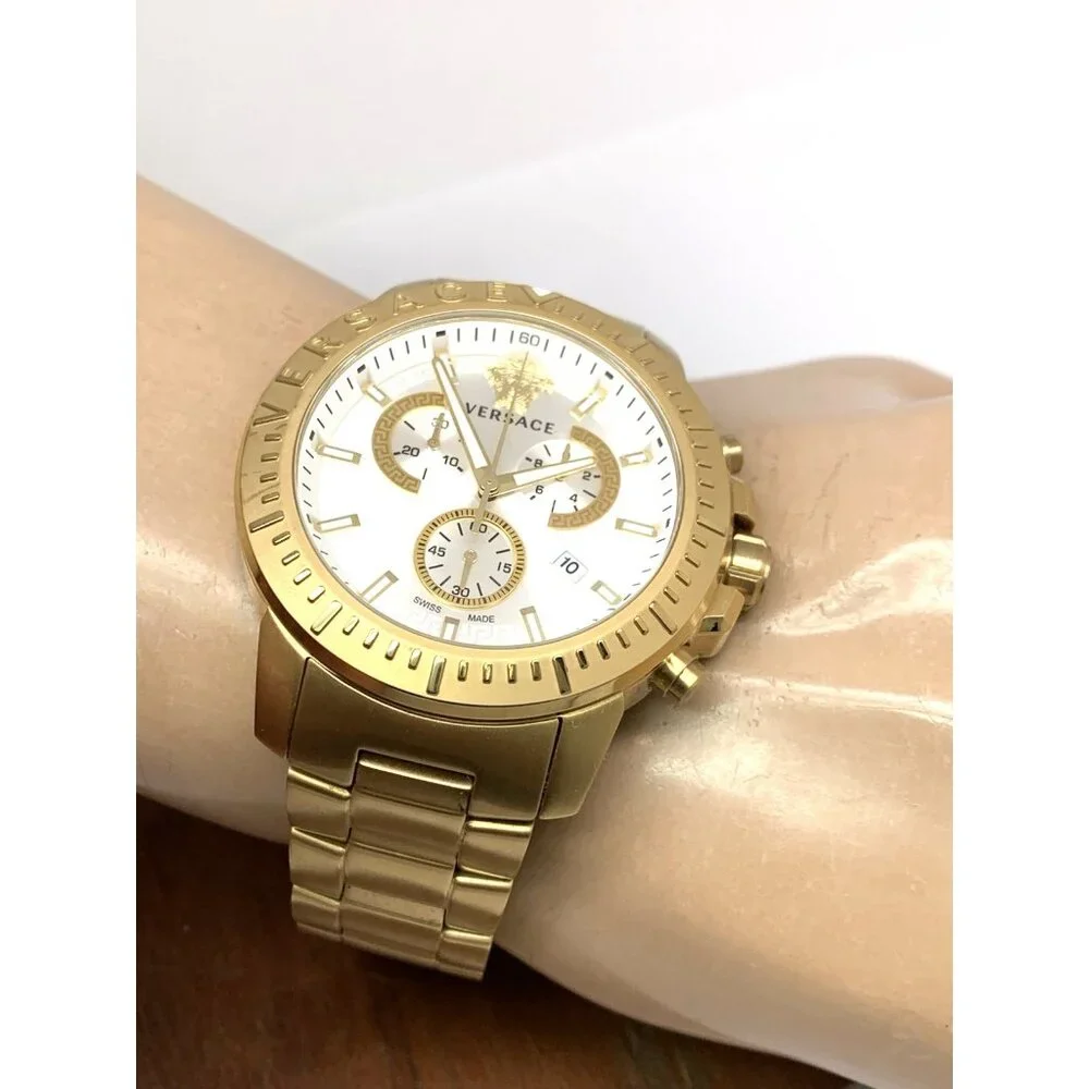 Versace Men's Watch VE2E00521 Swiss Quartz Chronograph Silver Dial Gold Steel